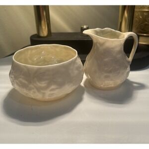 Belleek Irish Lotus Creamer and Sugar Bowl Porcelain 3.5" Green Stamp